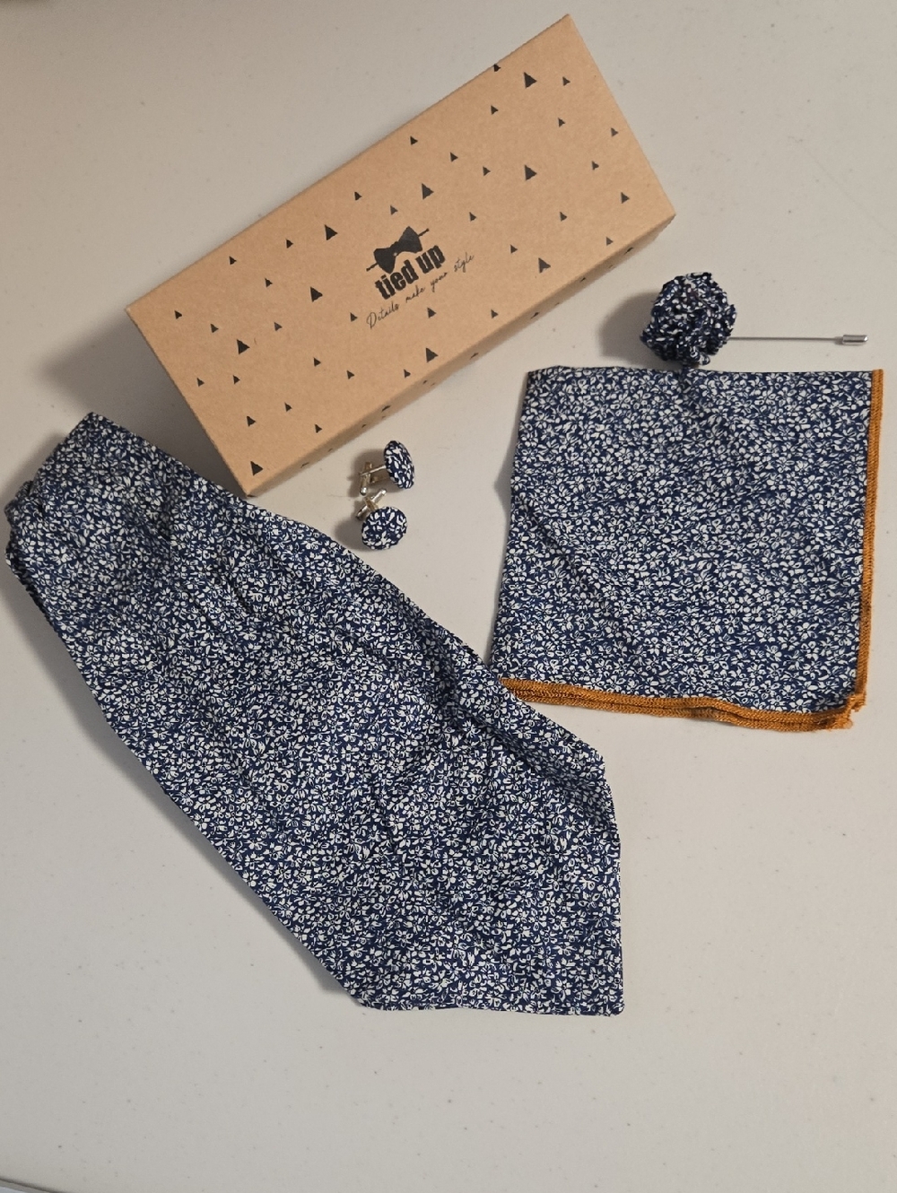 Navy Floral Pocket Square & Ascot Tie Set